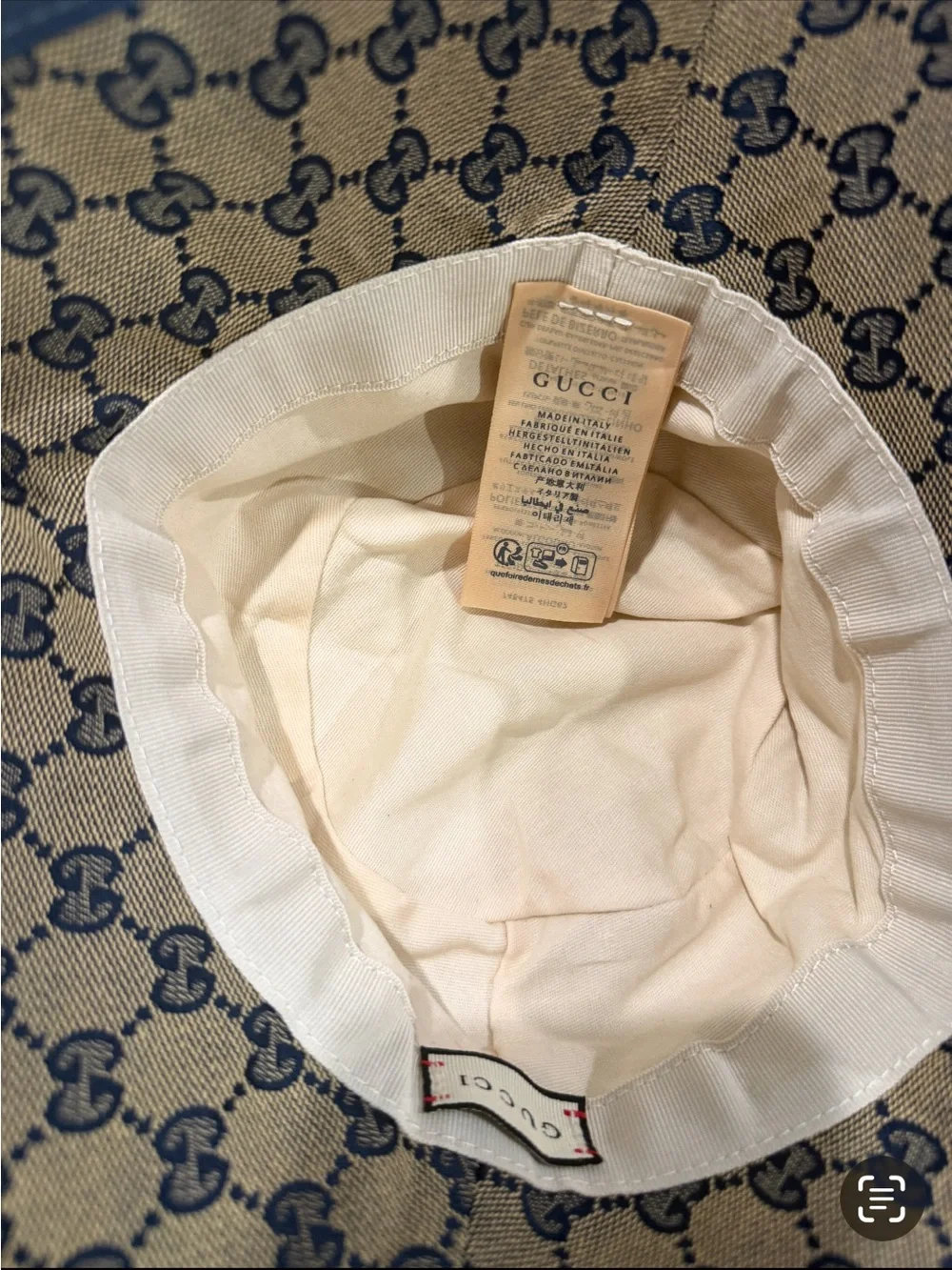 Gucci Beige and Navy GG Monogram Bucket Hat with Gold Double-G